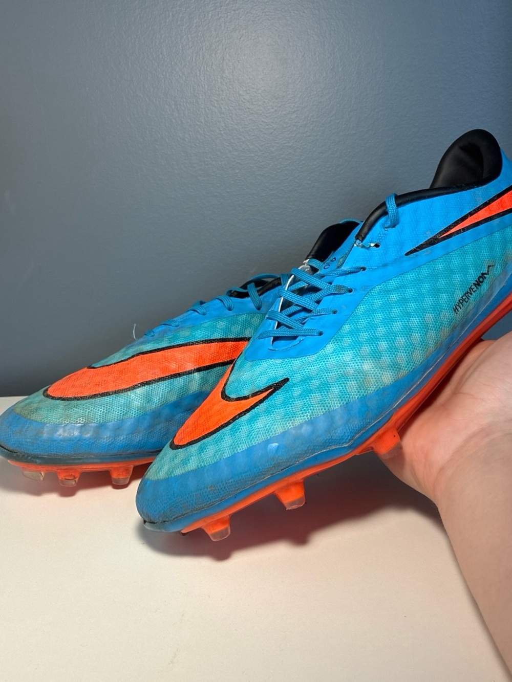 Nike Men’s HyperVenom Soccer Cleats – Blue with Orange Accents